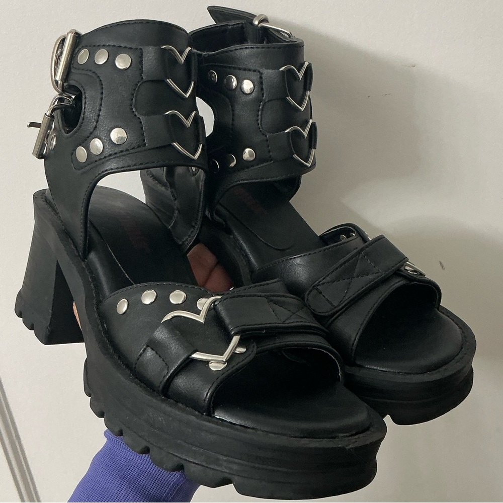 Demonia Bratty Faux Leather Block Sandals with Silverware Heart Accents